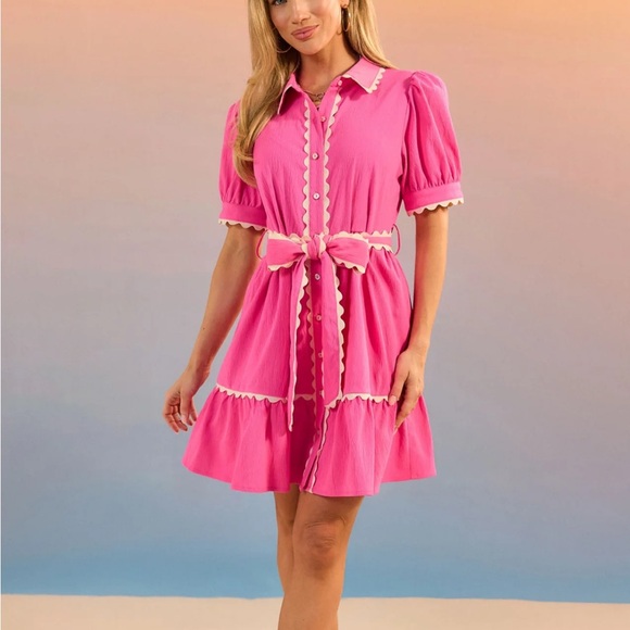 Avara Dresses & Skirts - Avara Pink Scallop-Trim Tie-Waist Mini Dress -NWT